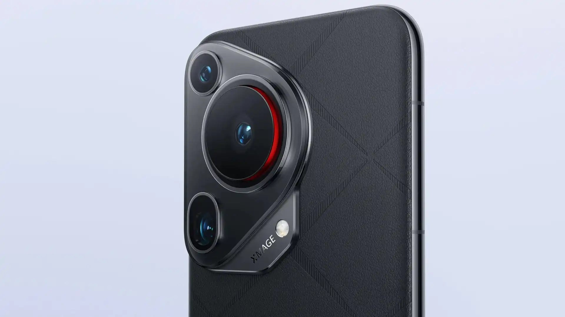 Smartphone camera module with a distinctive circular lens and red accent ring.