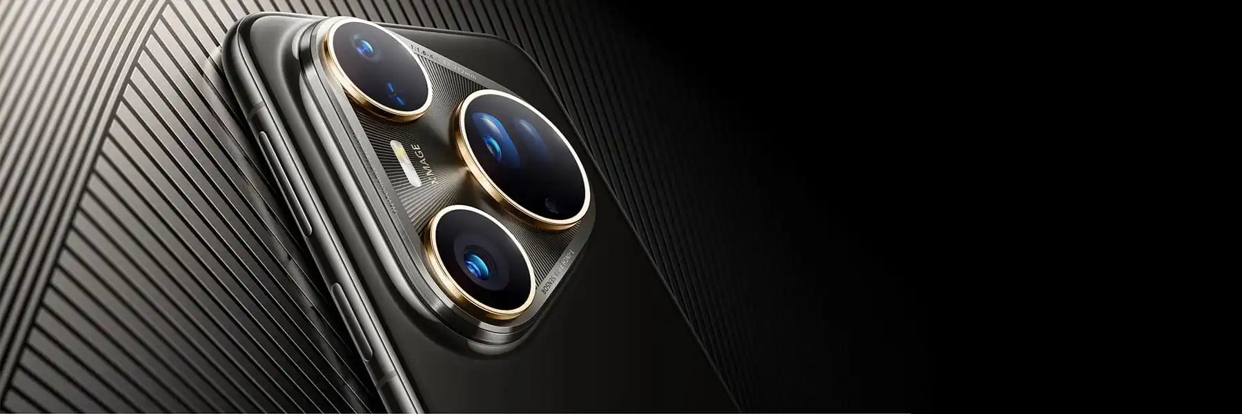 A smartphone with a triple camera system and gold accents.