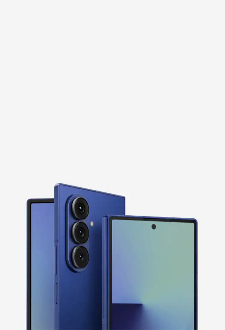 Three blue smartphones, one with a triple camera system and another with a front-facing camera in a punch-hole display.