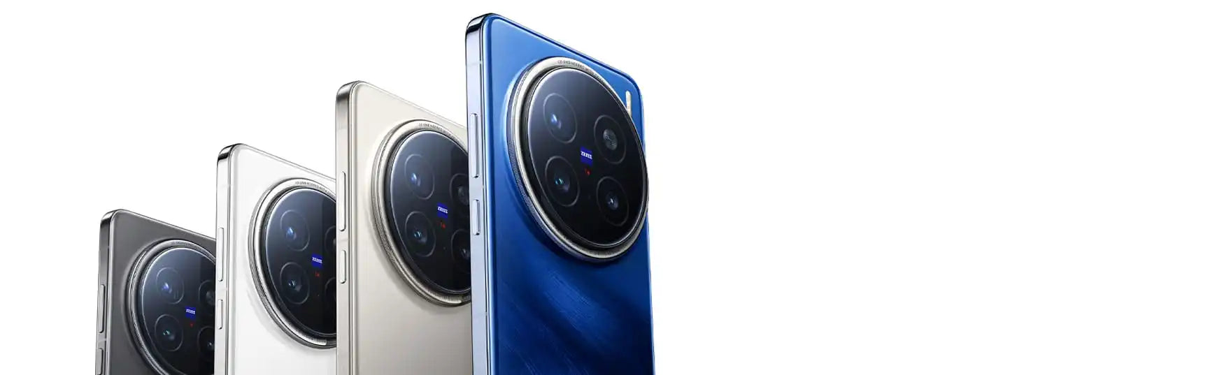 Three smartphones arranged vertically in silver, white, and blue colors with prominent circular camera modules.