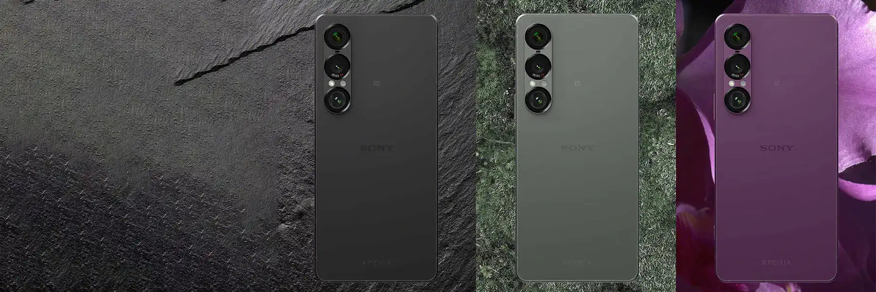 Three smartphones in black, green, and purple.