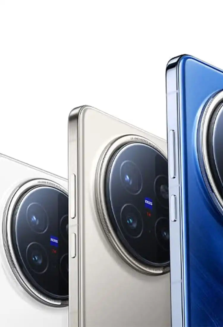 Three smartphones with prominent circular camera modules arranged in a diagonal line.