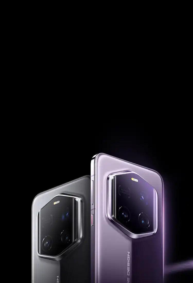 Two smartphones with hexagonal camera modules in black and purple colors.