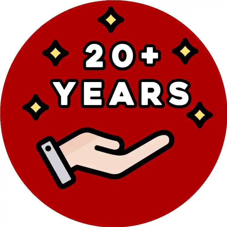 A white hand icon beneath text reading ’20+ YEARS’ on a red circular badge with yellow diamond accents.