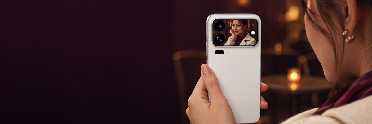 White Xiaomi 18 Pro Max held for a rear-camera selfie, with the portrait visible on its rear display.